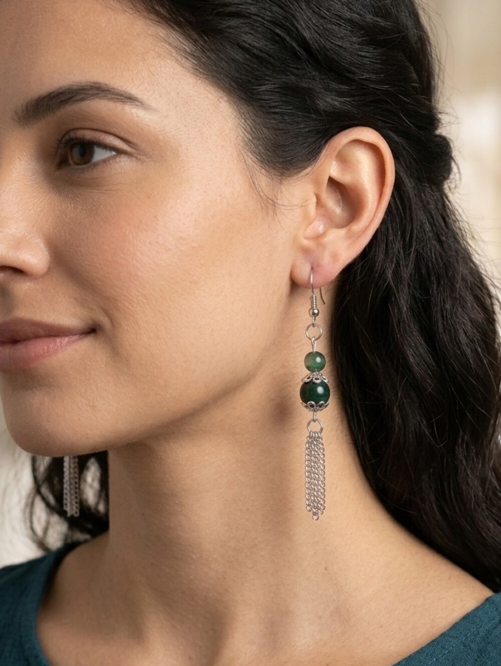Handmade Green Tiger Eye Gemstone Silver Tassel Dangle Earrings